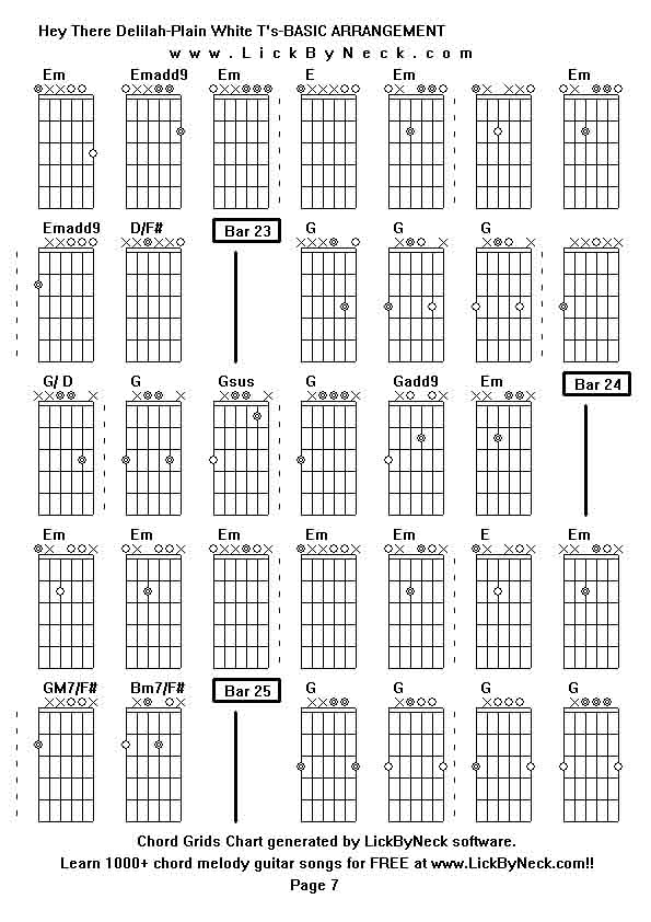 Chord Grids Chart of chord melody fingerstyle guitar song-Hey There Delilah-Plain White T's-BASIC ARRANGEMENT,generated by LickByNeck software.